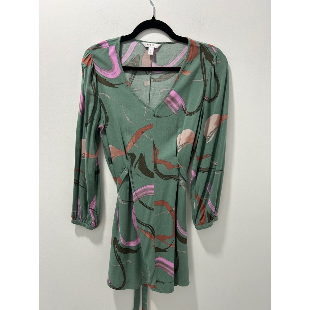 Nine West Womens Green Abstract Swirl V-Neck Long Sleeve Mini Dress Size M